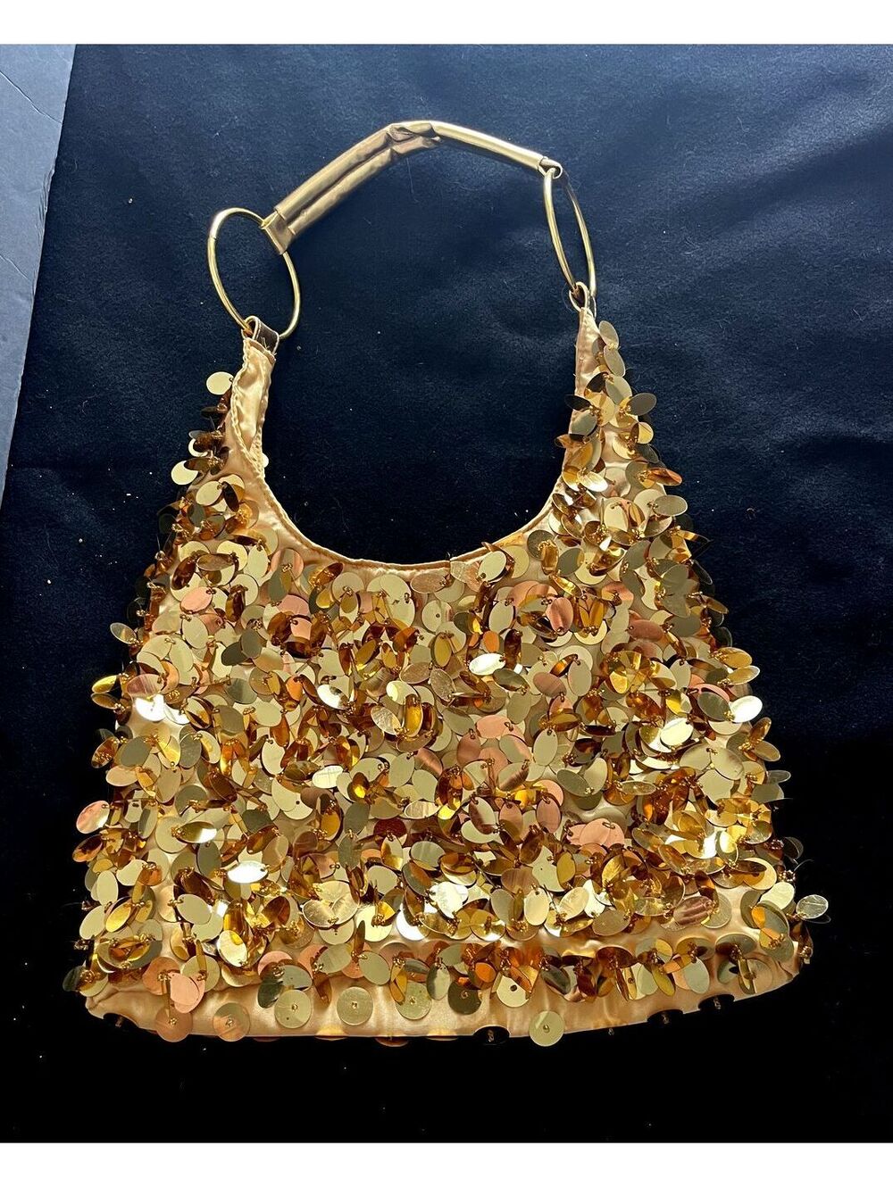 Gold Sequin Embellished Evening Handbag with Metal Ring Handles